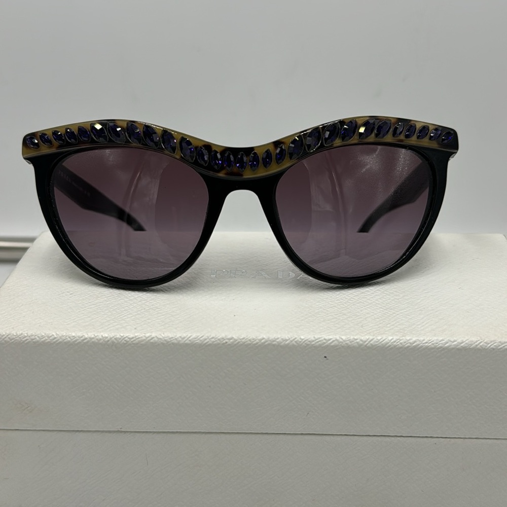 Like New Prada Sunglasses Black w/ Tortoise print trim & Purple Rhinestones